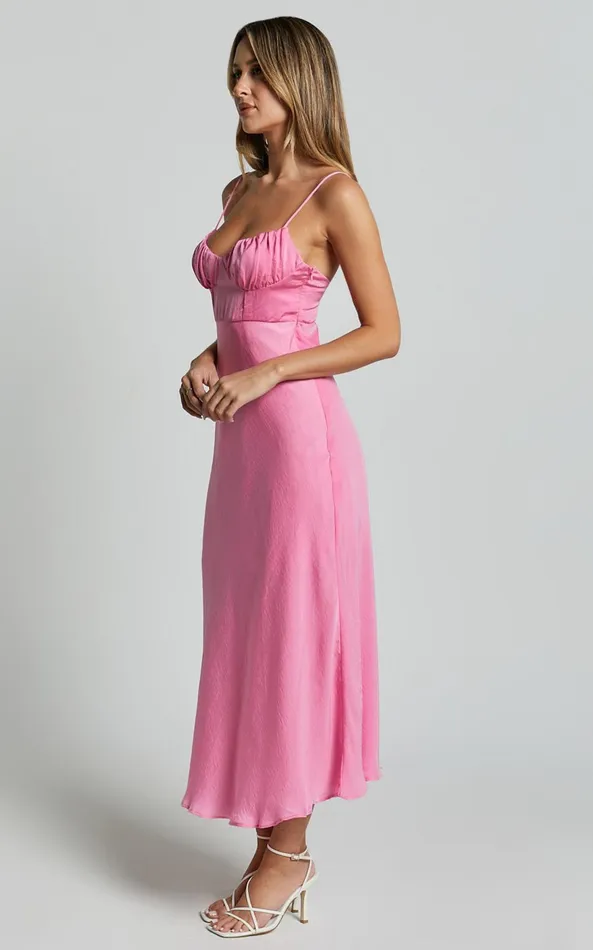 Showpo Krysta Midi Dress 8211 Sweetheart Ruched Bust Slip Dress In Pink Women Dresses