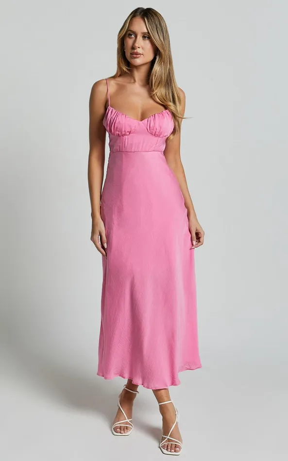Showpo Krysta Midi Dress 8211 Sweetheart Ruched Bust Slip Dress In Pink Women Dresses