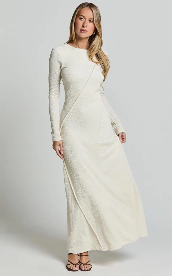 Showpo Kylie Maxi Dress 8211 Long Sleeve Low Back Dress In Cream Women Dresses