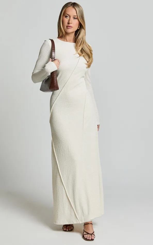 Showpo Kylie Maxi Dress 8211 Long Sleeve Low Back Dress In Cream Women Dresses