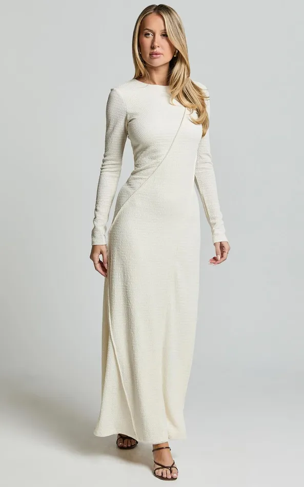 Showpo Kylie Maxi Dress 8211 Long Sleeve Low Back Dress In Cream Women Dresses