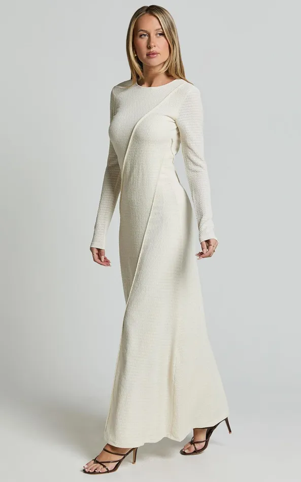 Showpo Kylie Maxi Dress 8211 Long Sleeve Low Back Dress In Cream Women Dresses