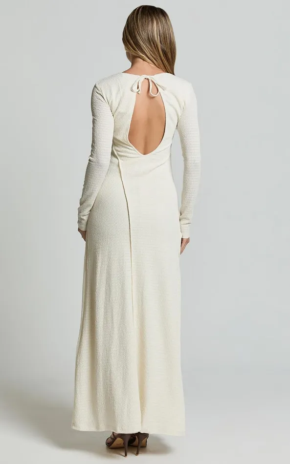 Showpo Kylie Maxi Dress 8211 Long Sleeve Low Back Dress In Cream Women Dresses