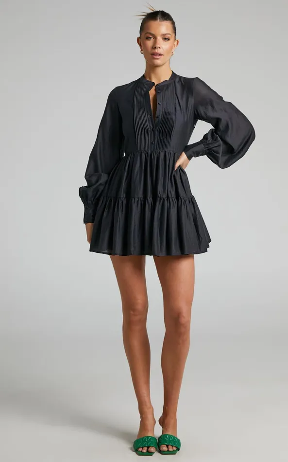 Showpo Kyra Mini Dress 8211 Pin Tuck Detail Tiered Shirt Dress In Black Women Dresses