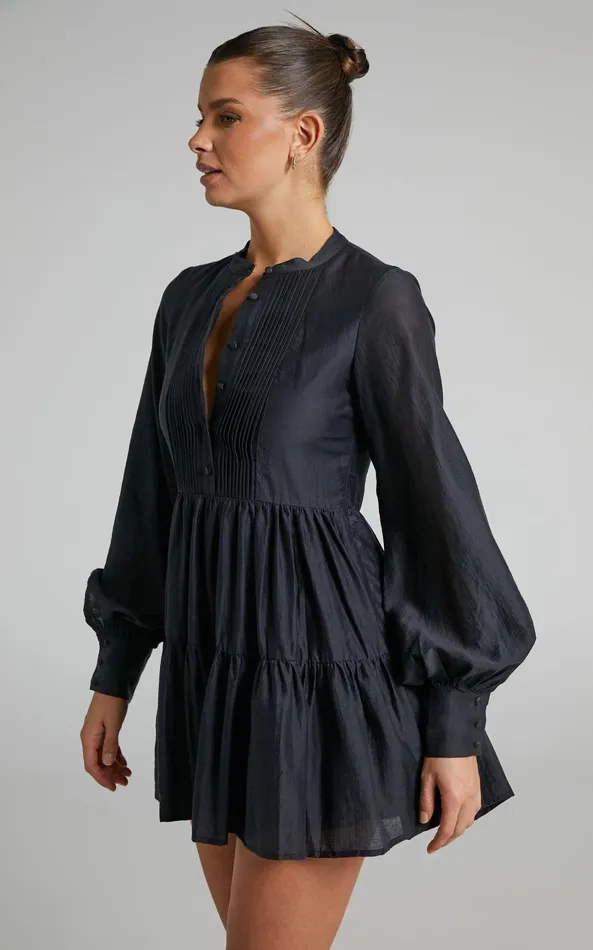Showpo Kyra Mini Dress 8211 Pin Tuck Detail Tiered Shirt Dress In Black Women Dresses