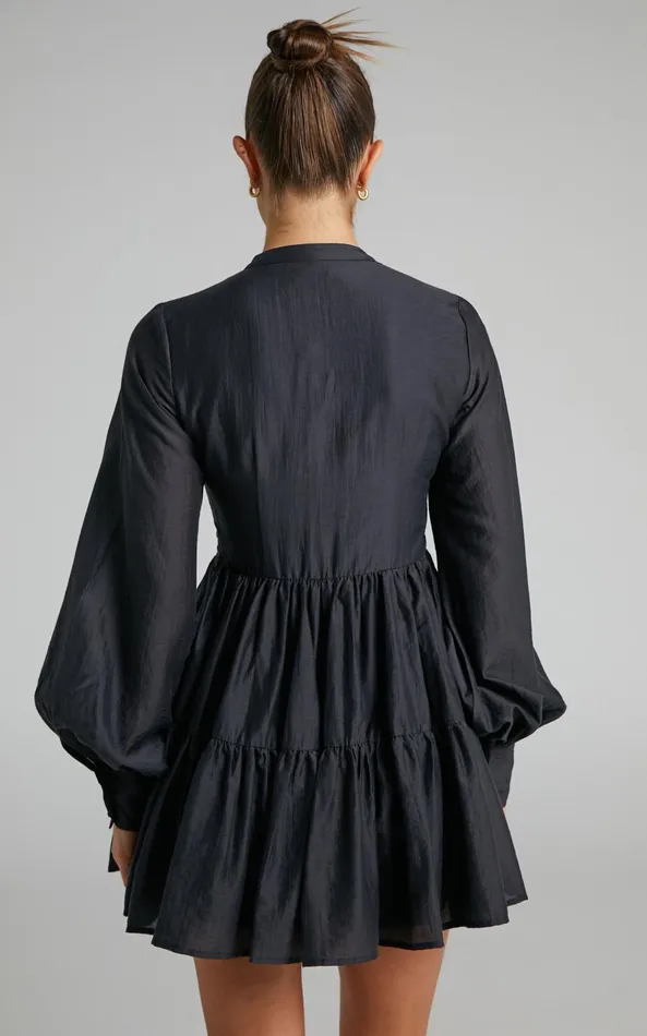 Showpo Kyra Mini Dress 8211 Pin Tuck Detail Tiered Shirt Dress In Black Women Dresses