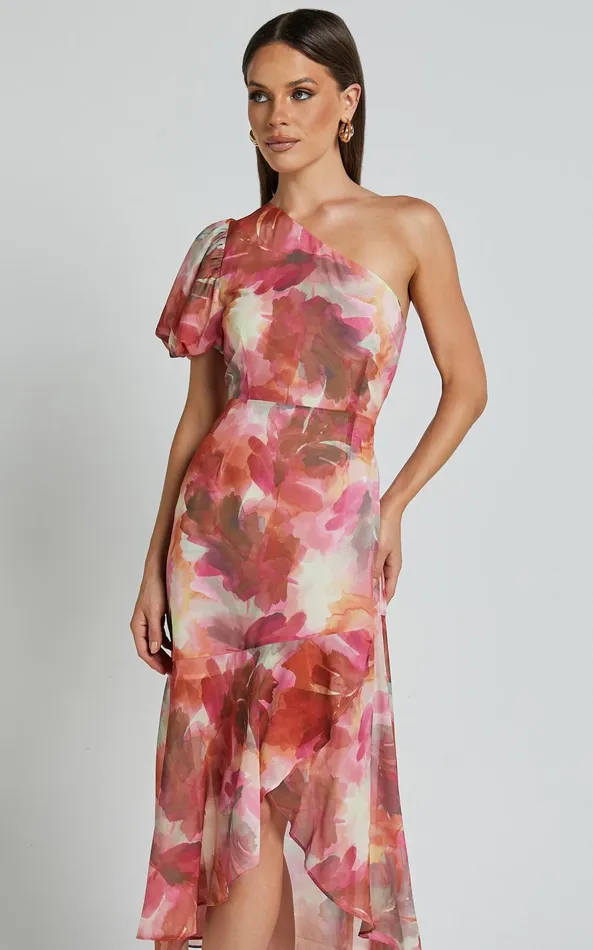 Showpo Labelle Midi Dress 8211 Recycled Polyester One Shoulder Asymmetric Dress In Haze Floral Women Dresses