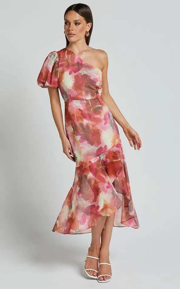 Showpo Labelle Midi Dress 8211 Recycled Polyester One Shoulder Asymmetric Dress In Haze Floral Women Dresses