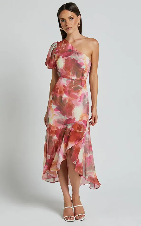 Showpo Labelle Midi Dress 8211 Recycled Polyester One Shoulder Asymmetric Dress In Haze Floral Women Dresses