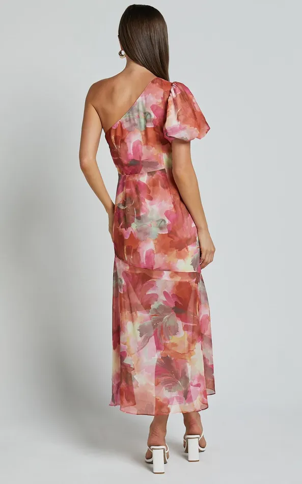 Showpo Labelle Midi Dress 8211 Recycled Polyester One Shoulder Asymmetric Dress In Haze Floral Women Dresses