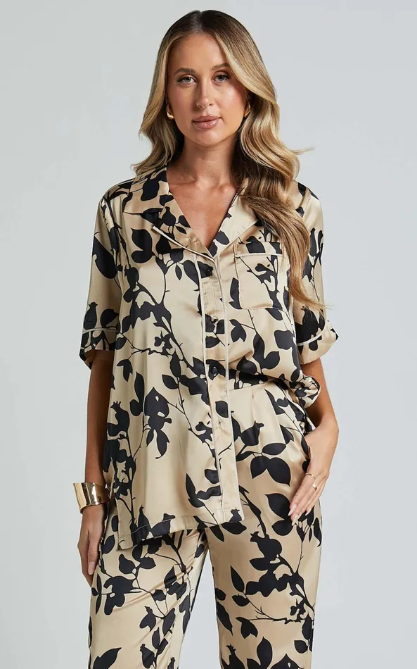 Showpo Laila Top 8211 Short Sleeve Button Through Relaxed Shirt In Black And Cream Print Women Tops