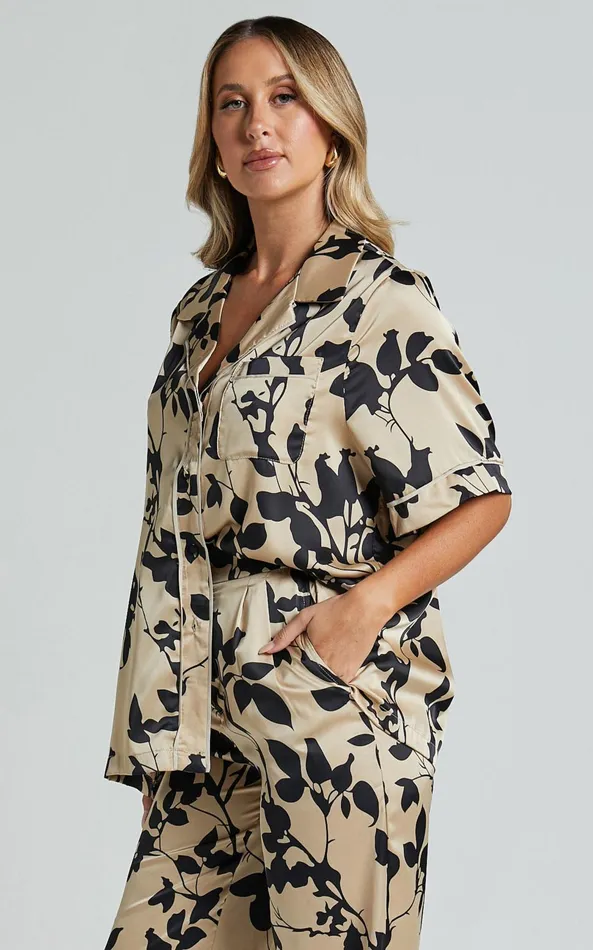 Showpo Laila Top 8211 Short Sleeve Button Through Relaxed Shirt In Black And Cream Print Women Tops