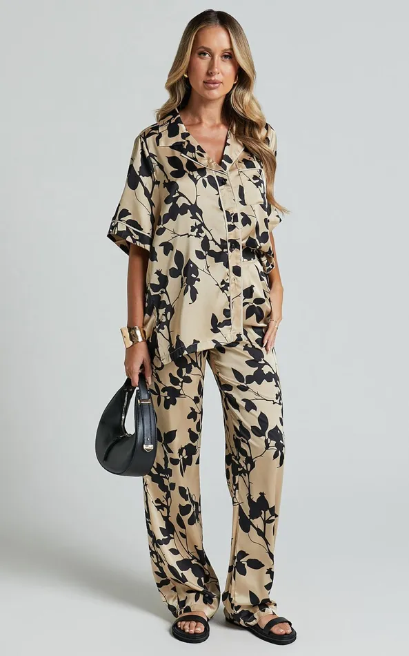 Showpo Laila Top 8211 Short Sleeve Button Through Relaxed Shirt In Black And Cream Print Women Tops