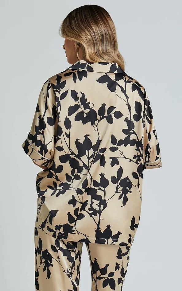 Showpo Laila Top 8211 Short Sleeve Button Through Relaxed Shirt In Black And Cream Print Women Tops