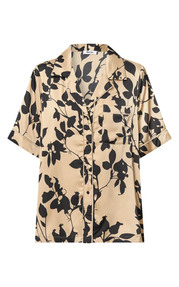 Showpo Laila Top 8211 Short Sleeve Button Through Relaxed Shirt In Black And Cream Print Women Tops