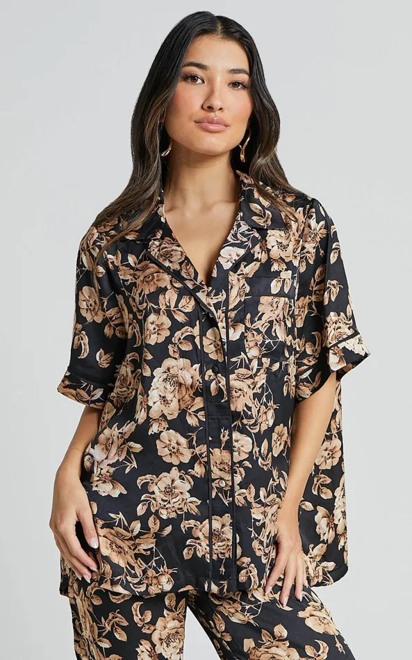 Showpo Laila Top 8211 Short Sleeve Button Through Relaxed Shirt In Black Floral Women Tops