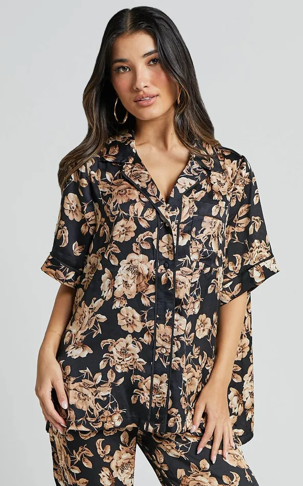 Showpo Laila Top 8211 Short Sleeve Button Through Relaxed Shirt In Black Floral Women Tops