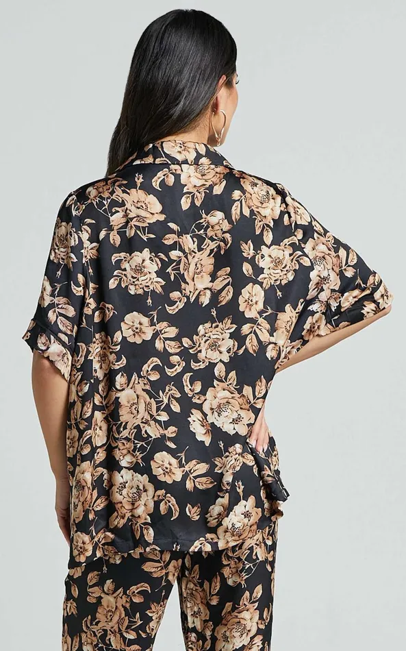Showpo Laila Top 8211 Short Sleeve Button Through Relaxed Shirt In Black Floral Women Tops