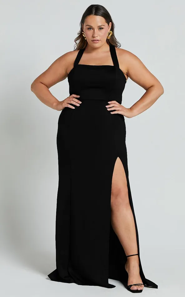 Showpo Lainie Maxi Dress 8211 Straight Neck Thigh Split Cross Back In Black Women Curve Clothes