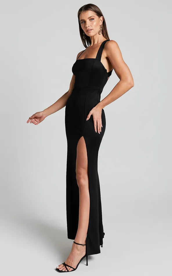 Showpo Lainie Maxi Dress 8211 Straight Neck Thigh Split Cross Back In Black Women Curve Clothes