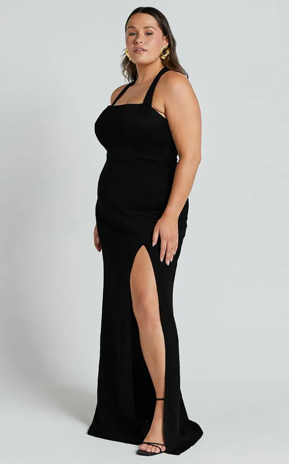 Showpo Lainie Maxi Dress 8211 Straight Neck Thigh Split Cross Back In Black Women Curve Clothes