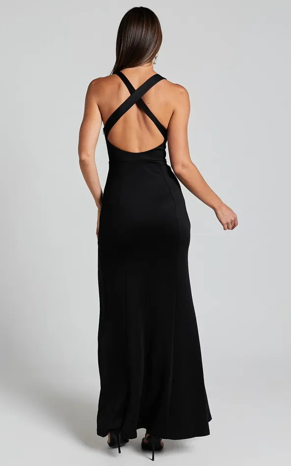 Showpo Lainie Maxi Dress 8211 Straight Neck Thigh Split Cross Back In Black Women Curve Clothes