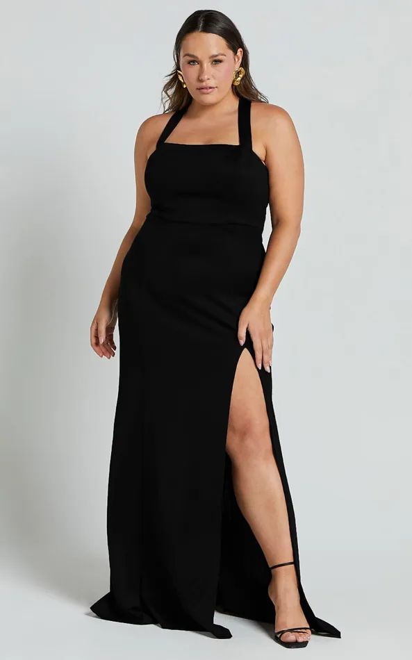 Showpo Lainie Maxi Dress 8211 Straight Neck Thigh Split Cross Back In Black Women Curve Clothes