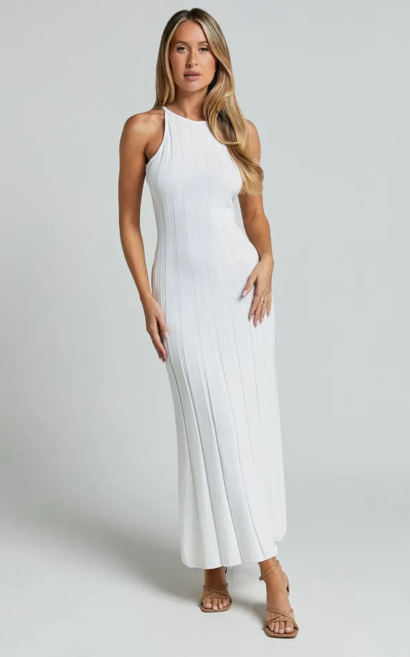 Showpo Lana Midi Dress 8211 Racer Knitted Rib Dress In Ivory Women Knitwear