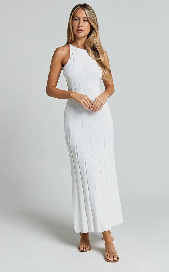 Showpo Lana Midi Dress 8211 Racer Knitted Rib Dress In Ivory Women Knitwear