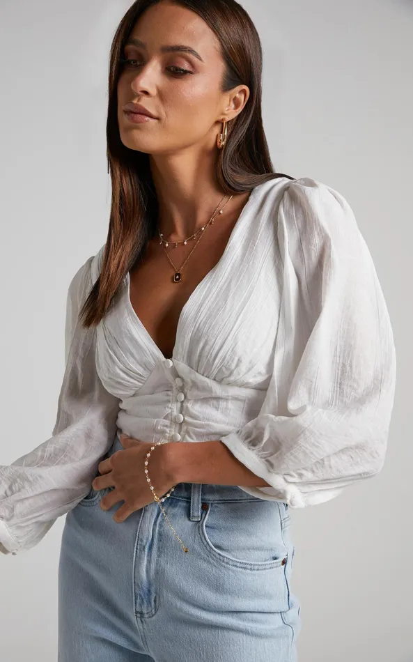 Showpo Lancey Top 8211 Long Sleeve Plunge Crop Top In White Women Curve Clothes