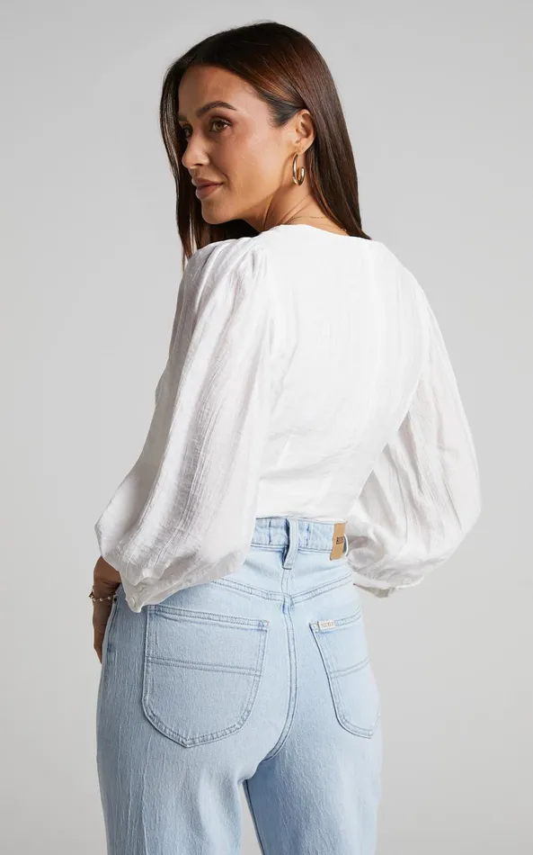 Showpo Lancey Top 8211 Long Sleeve Plunge Crop Top In White Women Curve Clothes