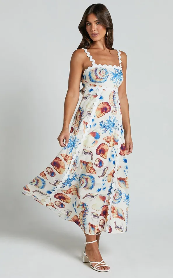 Showpo Lani Maxi Dress 8211 Wavy Strap And Neck A Line Dress In Blue And Yellow Print Women Dresses