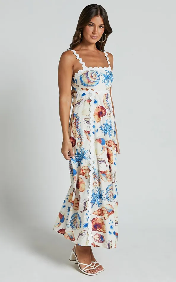 Showpo Lani Maxi Dress 8211 Wavy Strap And Neck A Line Dress In Blue And Yellow Print Women Dresses