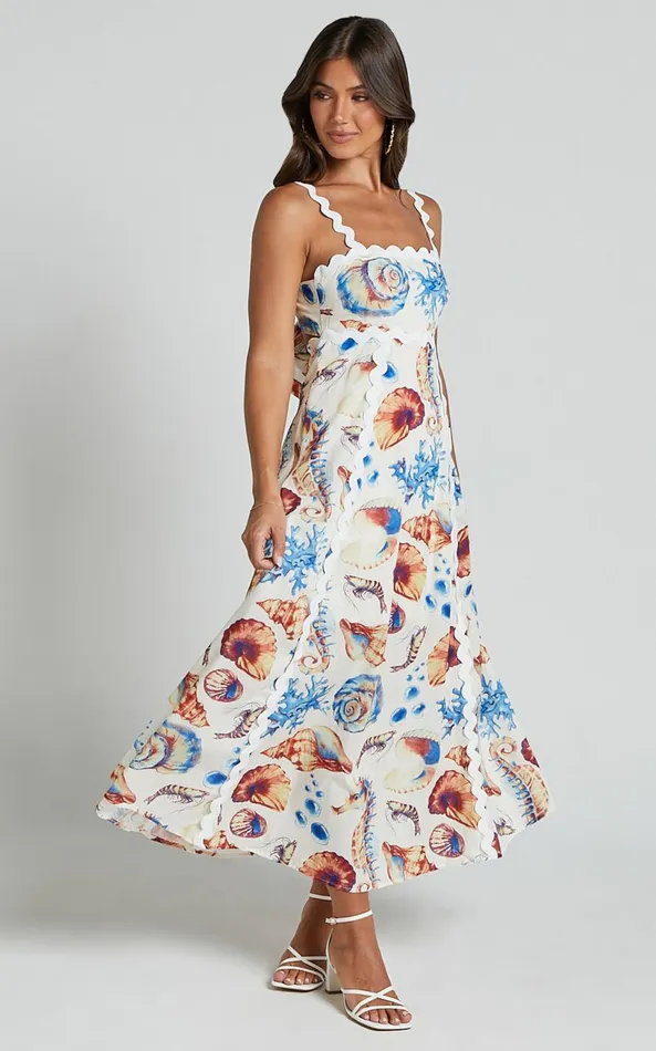 Showpo Lani Maxi Dress 8211 Wavy Strap And Neck A Line Dress In Blue And Yellow Print Women Dresses