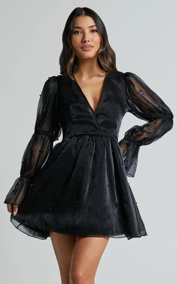 Showpo Lanna Mini Dress 8211 Long Puff Sleeve V Neck Dress In Black Women Dresses Showpo Lanna Mini Dress 8211 Long Puff Sleeve V Neck Dress In Black Women Dresses