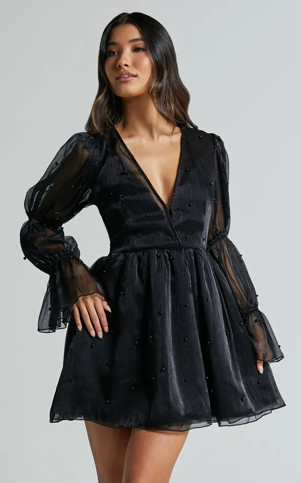 Showpo Lanna Mini Dress 8211 Long Puff Sleeve V Neck Dress In Black Women Dresses