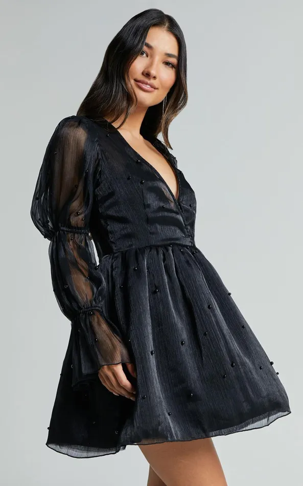 Showpo Lanna Mini Dress 8211 Long Puff Sleeve V Neck Dress In Black Women Dresses