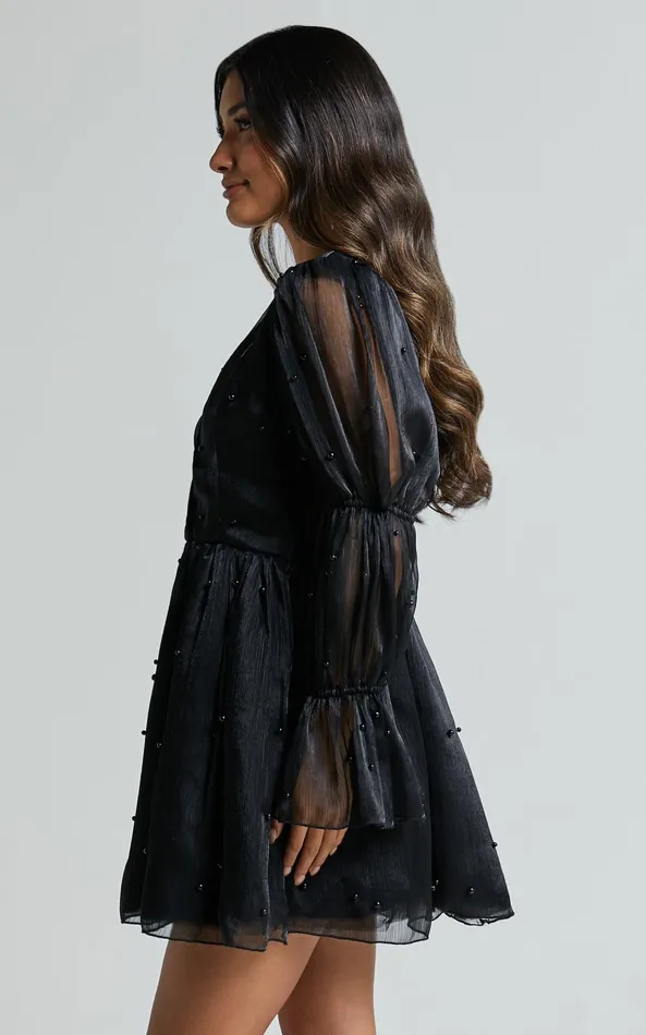 Showpo Lanna Mini Dress 8211 Long Puff Sleeve V Neck Dress In Black Women Dresses