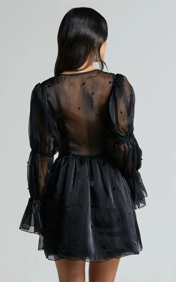 Showpo Lanna Mini Dress 8211 Long Puff Sleeve V Neck Dress In Black Women Dresses