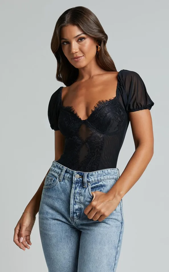 Showpo Lara Bodysuit 8211 Lace Detail Sweetheart Short Sleeve Bodysuit In Black Women Tops Showpo Lara Bodysuit 8211 Lace Detail Sweetheart Short Sleeve Bodysuit In Black Women Tops