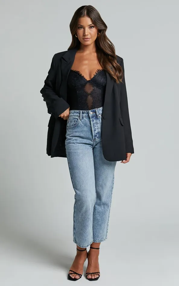 Showpo Lara Bodysuit 8211 Lace Detail Sweetheart Short Sleeve Bodysuit In Black Women Tops