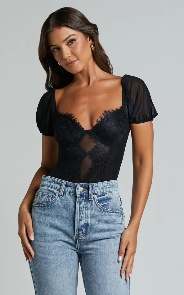 Showpo Lara Bodysuit 8211 Lace Detail Sweetheart Short Sleeve Bodysuit In Black Women Tops
