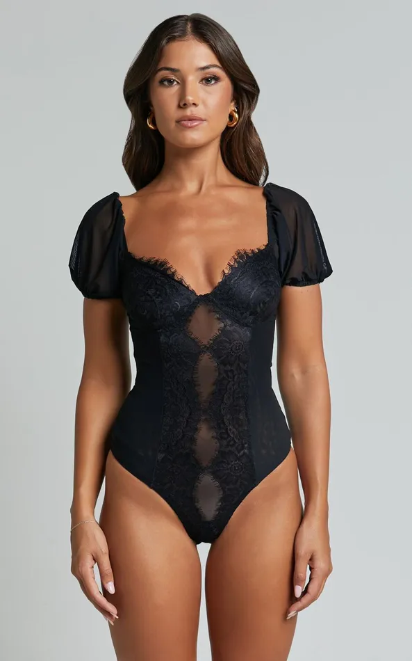 Showpo Lara Bodysuit 8211 Lace Detail Sweetheart Short Sleeve Bodysuit In Black Women Tops