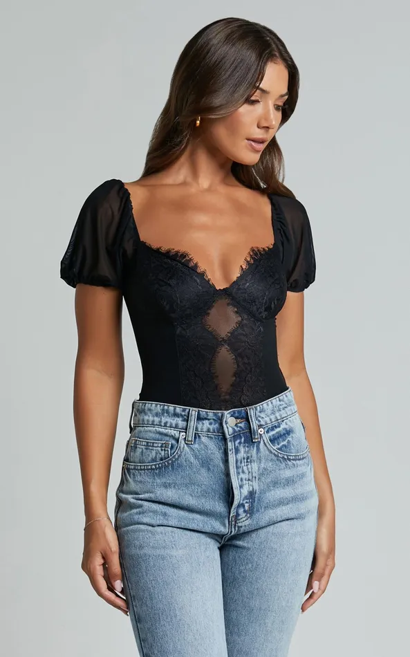 Showpo Lara Bodysuit 8211 Lace Detail Sweetheart Short Sleeve Bodysuit In Black Women Tops