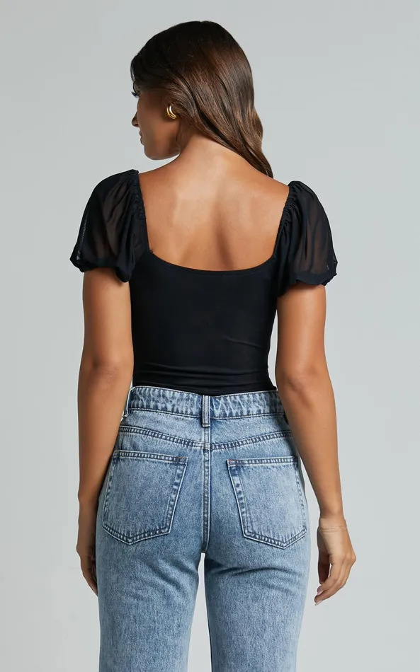 Showpo Lara Bodysuit 8211 Lace Detail Sweetheart Short Sleeve Bodysuit In Black Women Tops