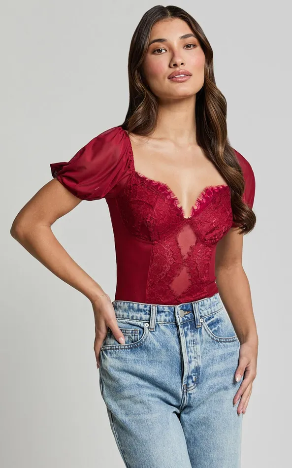 Showpo Lara Bodysuit 8211 Lace Detail Sweetheart Short Sleeve Bodysuit In Cherry Red Women Tops Showpo Lara Bodysuit 8211 Lace Detail Sweetheart Short Sleeve Bodysuit In Cherry Red Women Tops