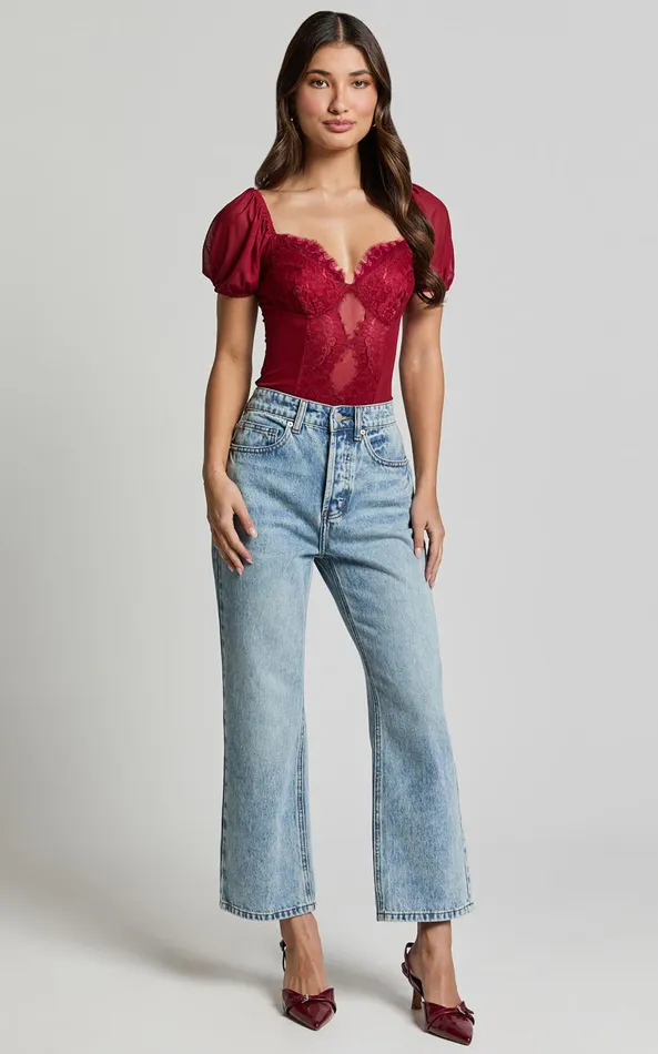 Showpo Lara Bodysuit 8211 Lace Detail Sweetheart Short Sleeve Bodysuit In Cherry Red Women Tops