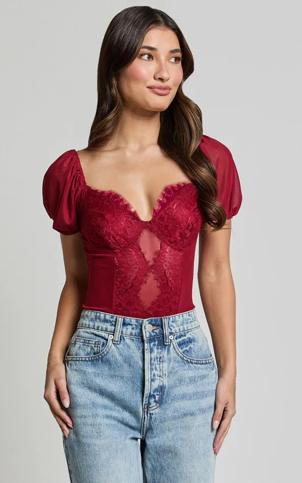 Showpo Lara Bodysuit 8211 Lace Detail Sweetheart Short Sleeve Bodysuit In Cherry Red Women Tops