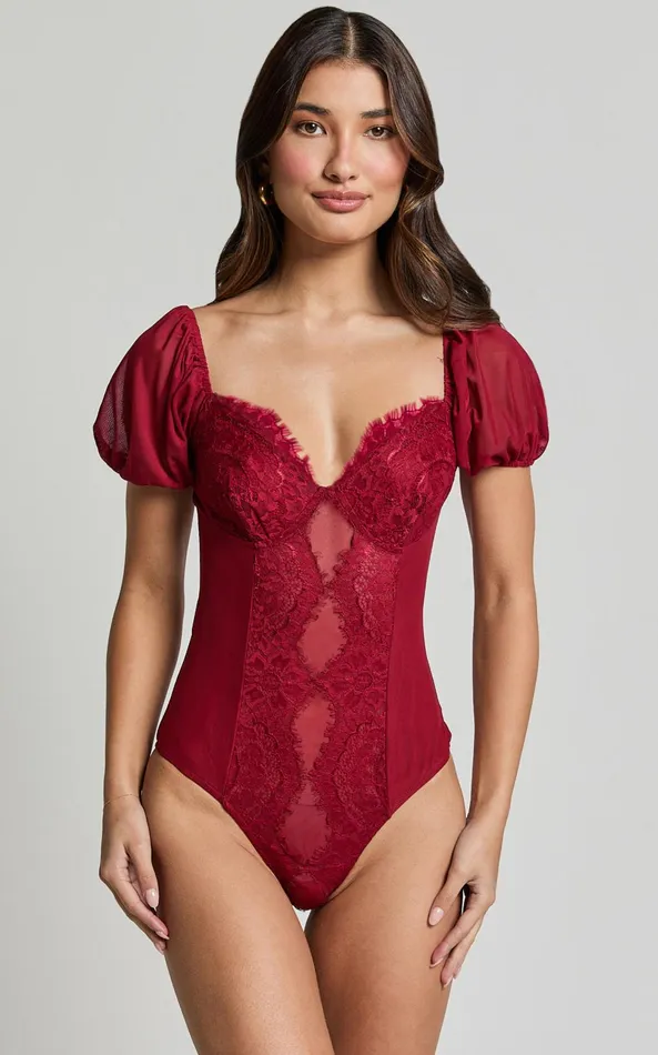 Showpo Lara Bodysuit 8211 Lace Detail Sweetheart Short Sleeve Bodysuit In Cherry Red Women Tops