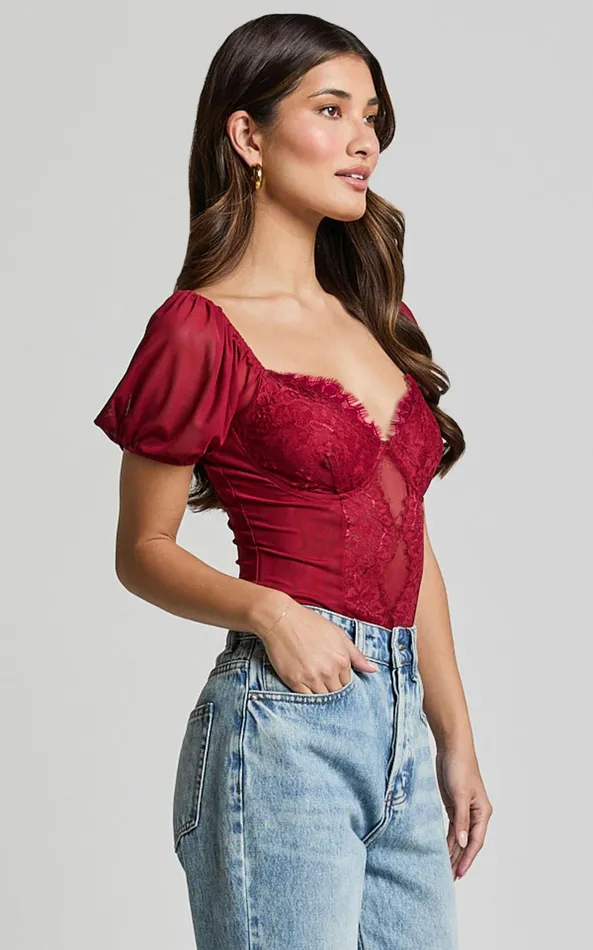 Showpo Lara Bodysuit 8211 Lace Detail Sweetheart Short Sleeve Bodysuit In Cherry Red Women Tops
